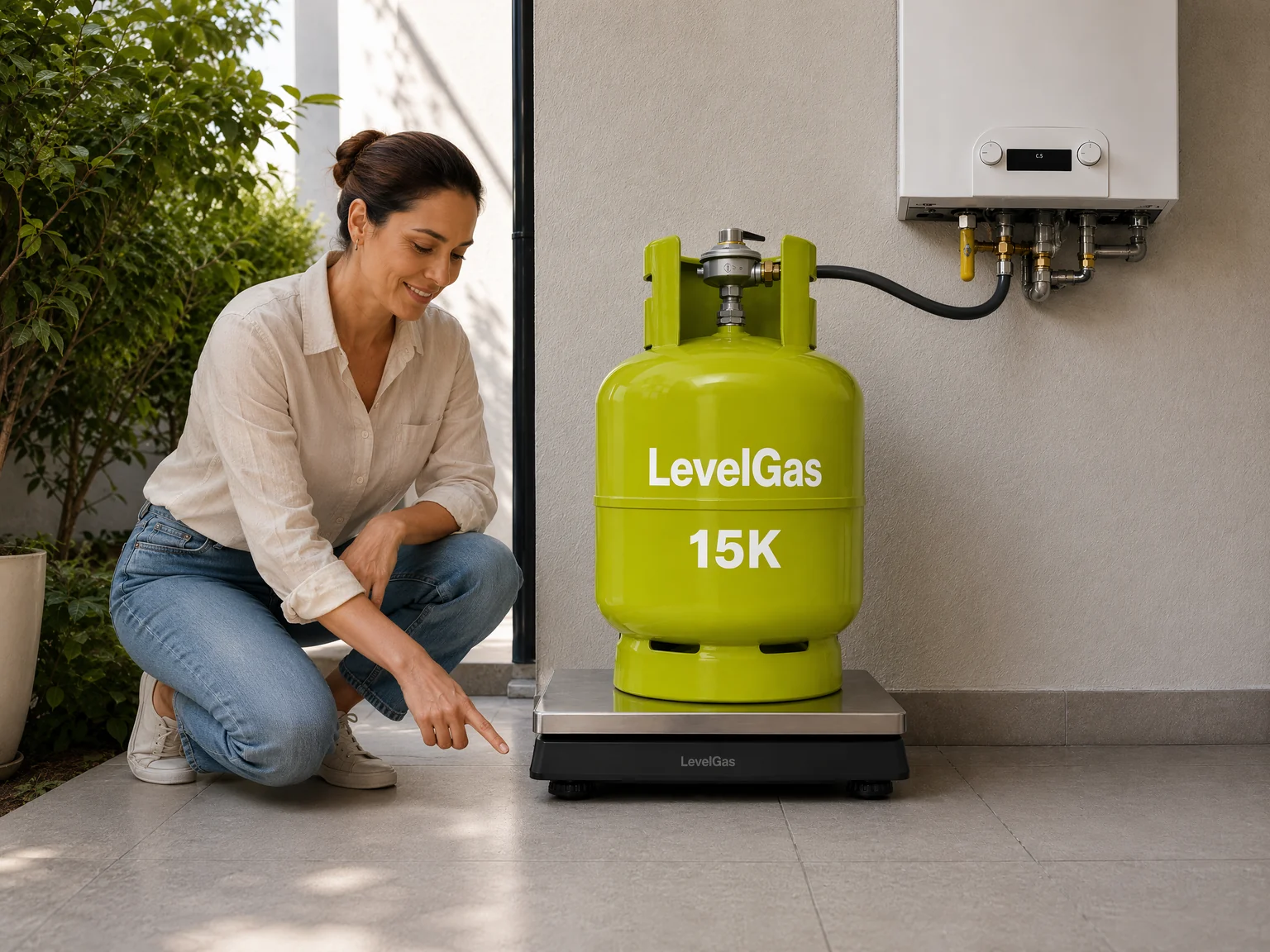Mujer mostrando una báscula LevelGas instalada en el piso, con un cilindro doméstico de 15 kilos centrado sobre la plataforma