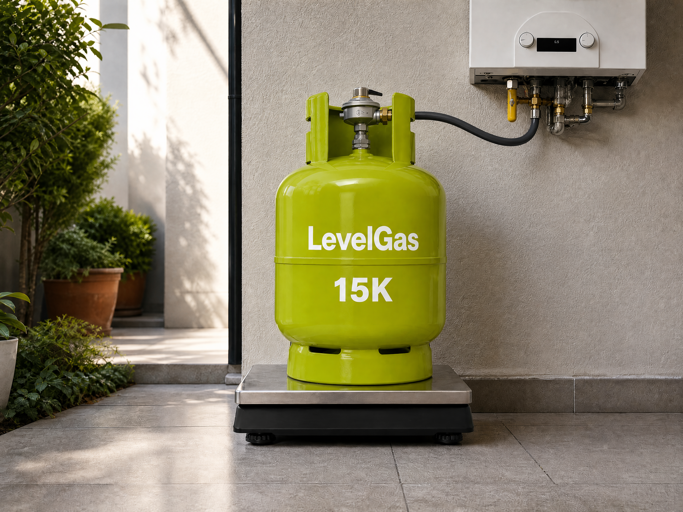 Cilindro LevelGas de 15 kg sobre una báscula sin visor digital, con la válvula instalada y conectado a un calefont